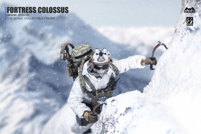 Sierra Phantom action pose wielding ice axes in dynamic climbing stance