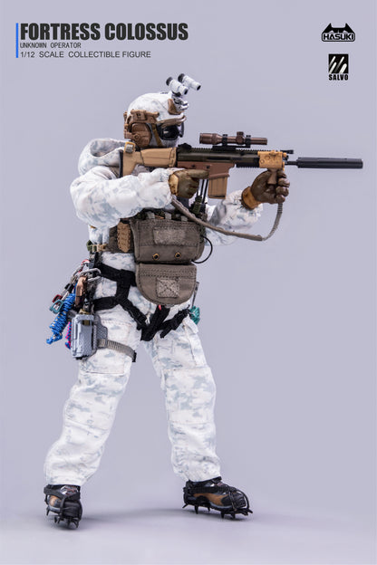 Side profile showing abseiling harness, leg holster and mountaineering boots detail