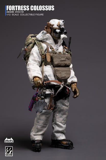 Snow camouflage suit and L7 cold weather jacket displayed flat with accessories