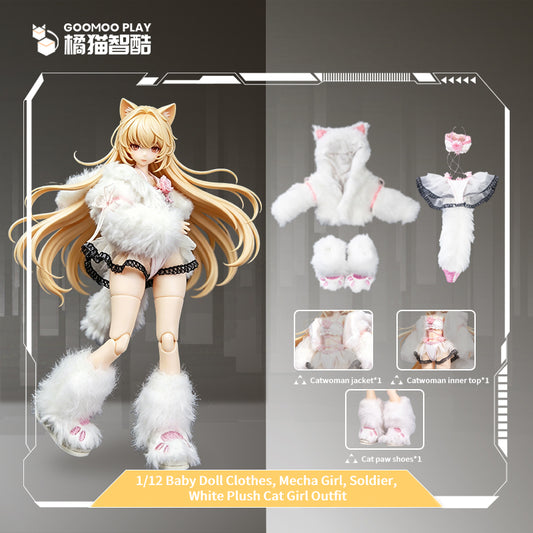 1/12 Scale Outfit Set –Snow Neko Doll Clothes with Fur Jacket & Paw Boots