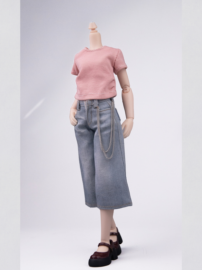 2026 Match-Day Blokecore Doll Wide Cropped Denim Pants with Chain